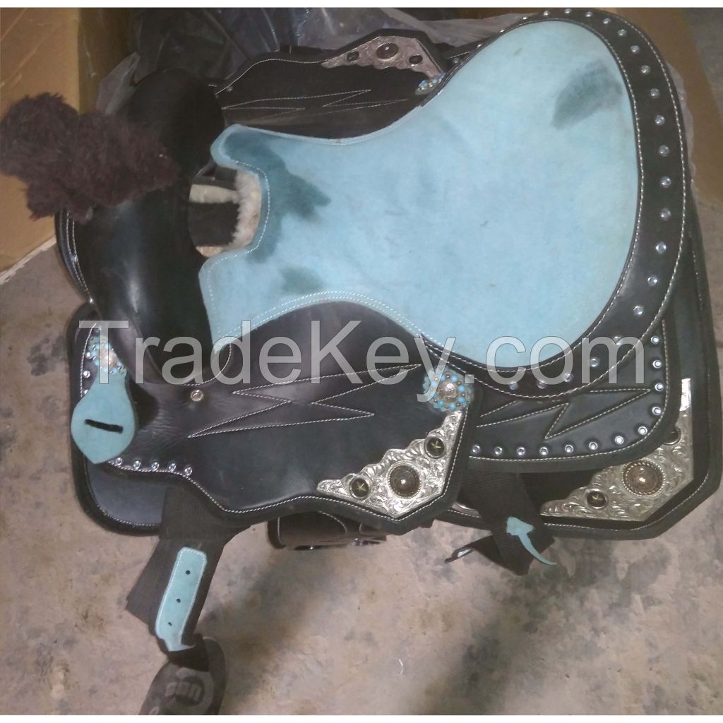 Genuine imported Quality synthetic western saddle sky blue with rust proof fitting 