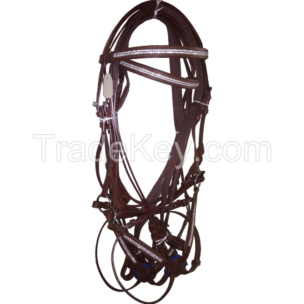 Genuine Imported Rolled leather horse bridle set including saddle pad,iron stirrups,PVC stirrups and with rust proof fittings