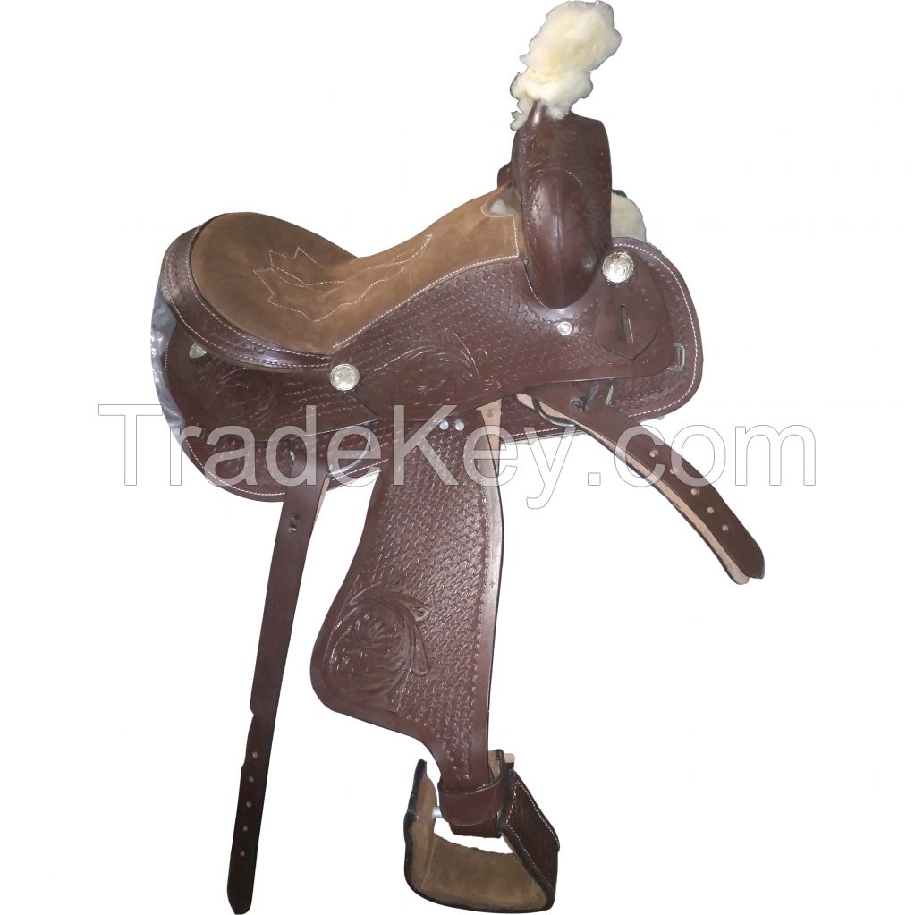 Genuine imported Quality leather western full tooling carving saddle Brown with rust proof fitting