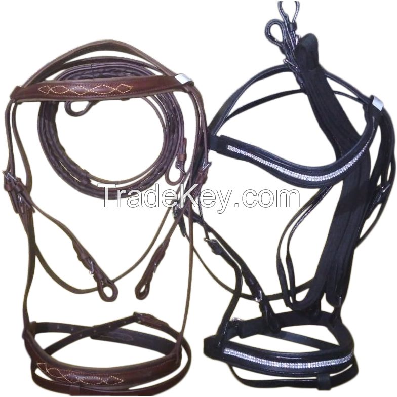 Genuine Imported Rolled leather horse bridle brown and crystal bridle black with rust proof fittings