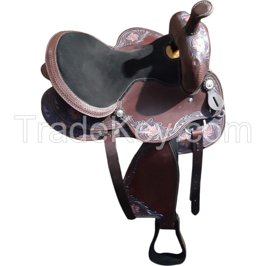 Genuine imported Quality leather western color purple tooling carving saddle with rust proof fitting