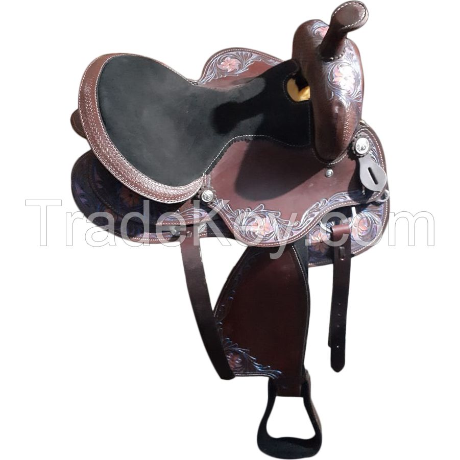 Genuine imported Quality leather western color purple tooling carving saddle with rust proof fitting 