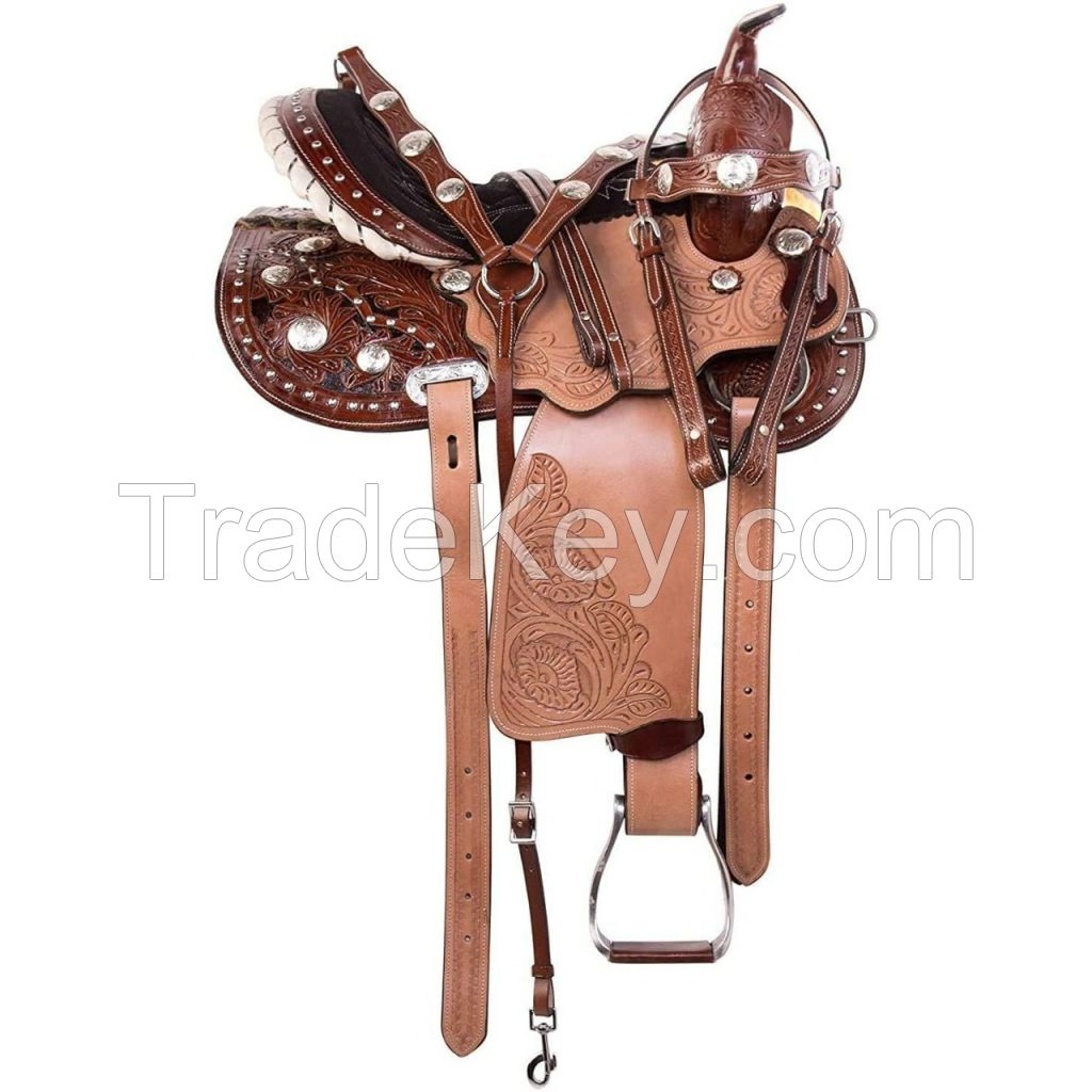 Genuine imported Quality leather western color purple tooling carving saddle with rust proof fitting 