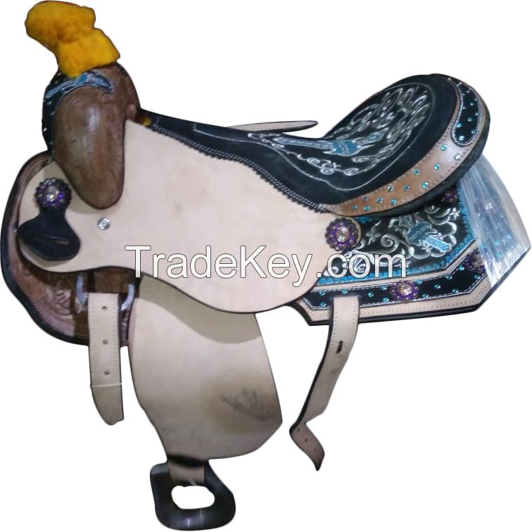 Genuine imported Quality leather western color purple tooling carving saddle with rust proof fitting 