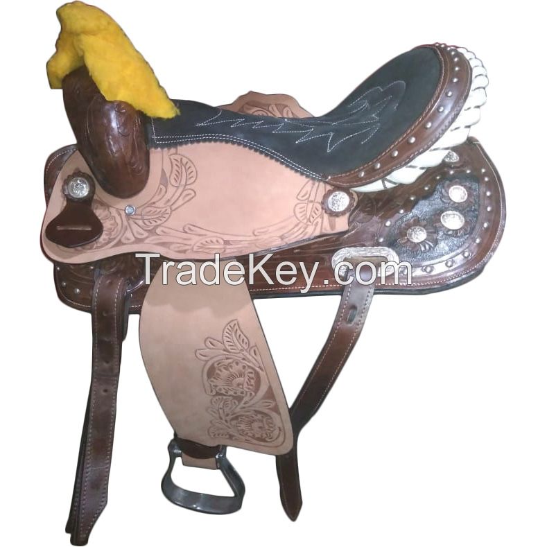 Genuine imported Quality leather western color purple tooling carving saddle with rust proof fitting 