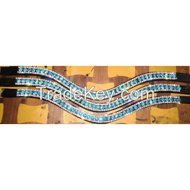 Genuine leather horse sky Blue Crystal browbands, size pony,cob,full