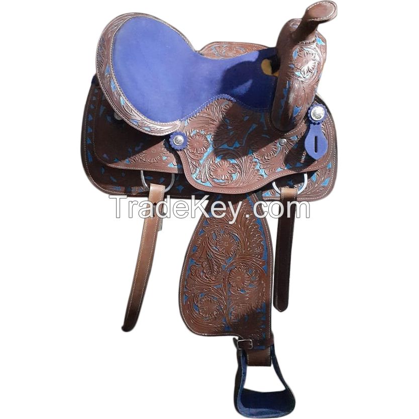 Genuine imported Quality leather western color purple tooling carving saddle with rust proof fitting