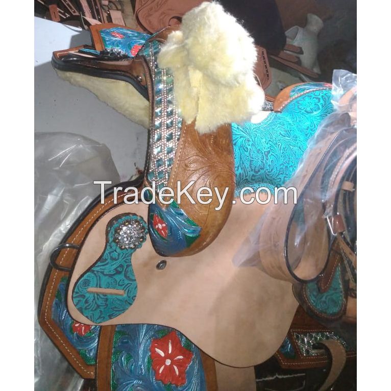 Genuine imported Quality leather western printed saddle with  rust proof steel fitting