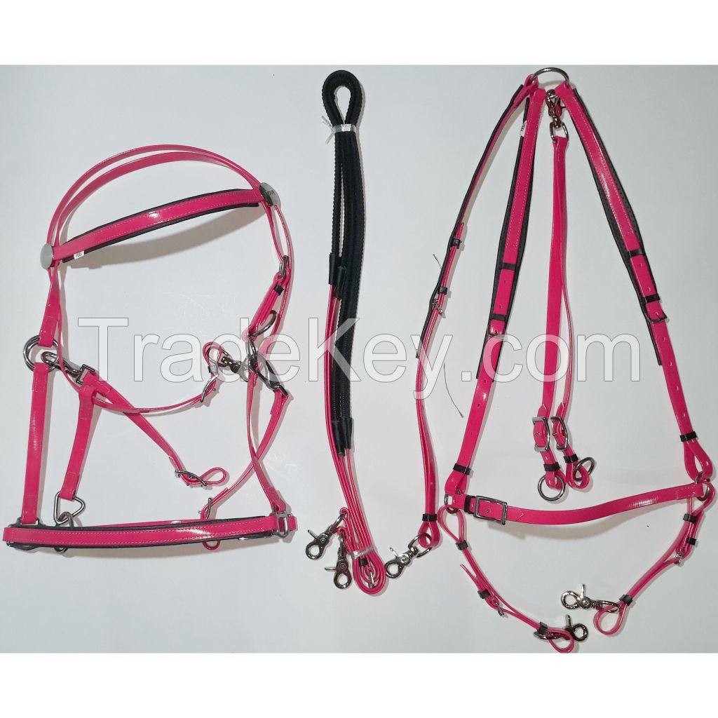 Genuine imported Pink PVC horse Riding bridle set and Breastplate with rust proof steel fittings