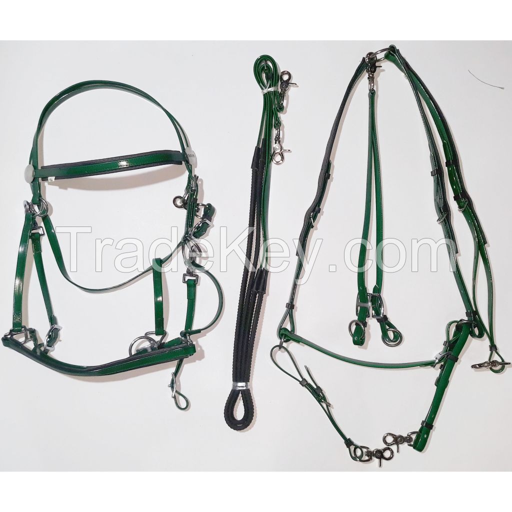Genuine imported Green PVC horse Riding bridle set and Breastplate with rust proof steel fittings