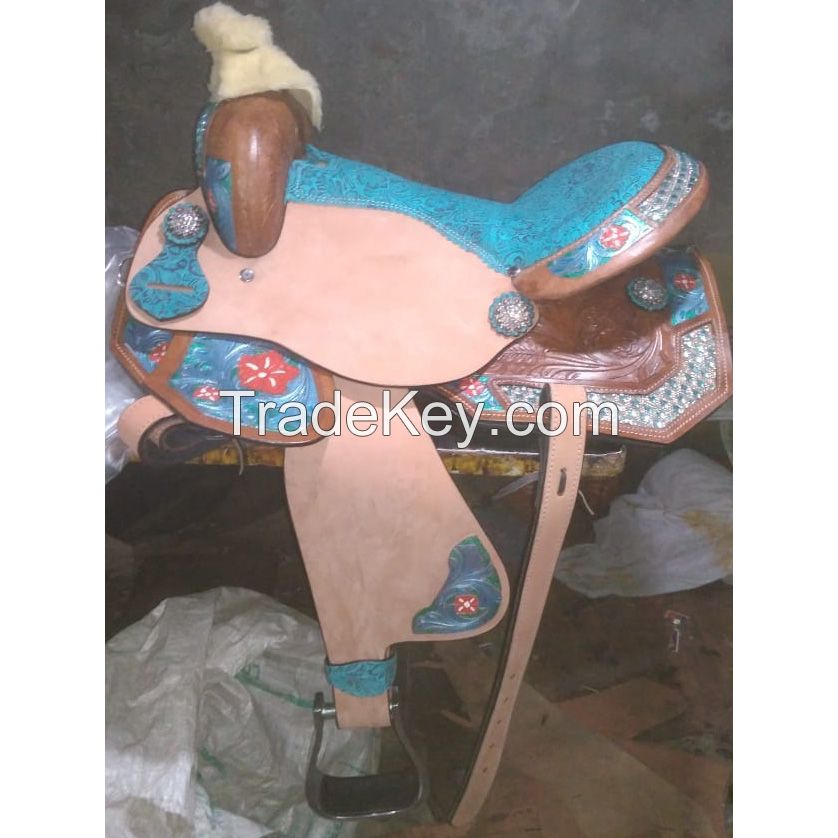 Genuine imported Quality leather western printed saddle with  rust proof steel fitting