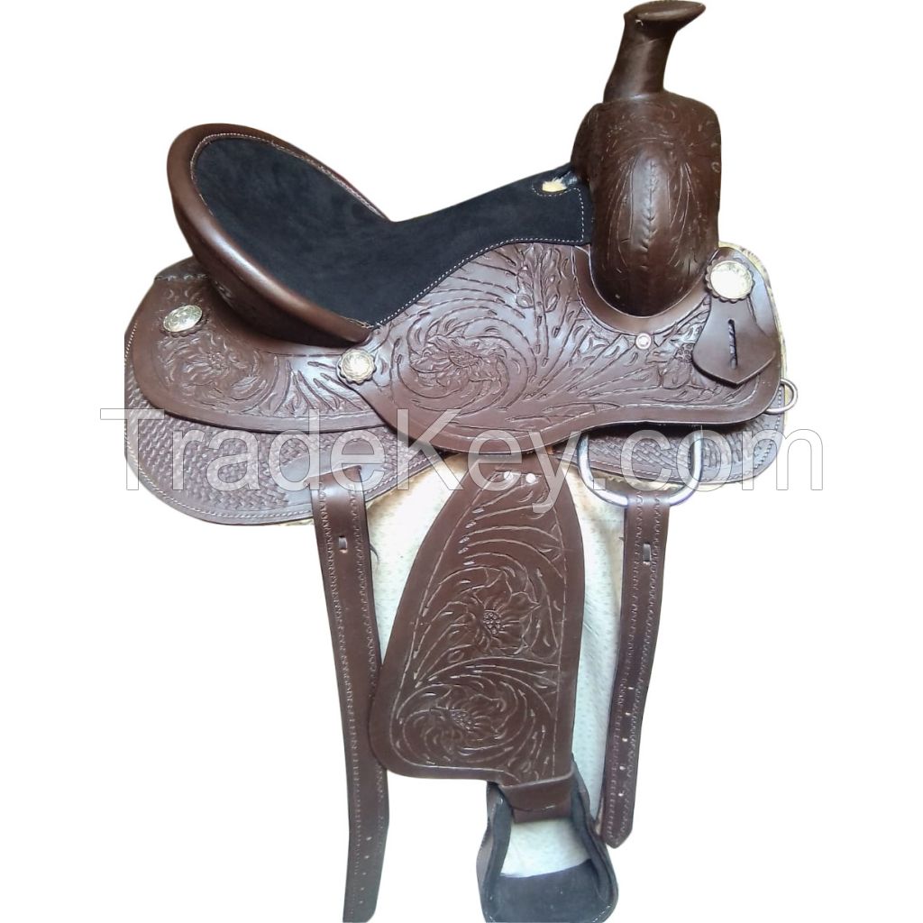 Genuine imported Quality leather western Treeless saddle color carving with rust proof fitting 