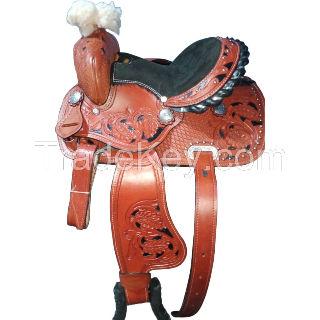 Genuine imported Quality leather western Treeless saddle color carving with rust proof fitting 
