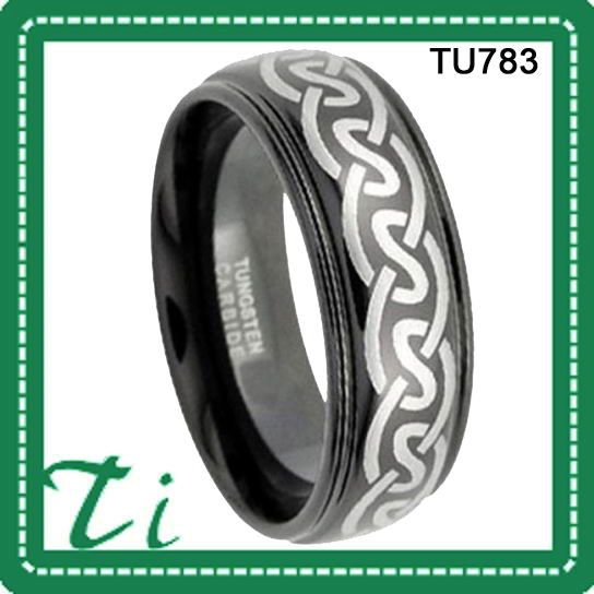 TU783 Polished Dome Black Tungsten Carbide Ring With Celtic Lasr Engraved Between Grooves,2013 New Style
