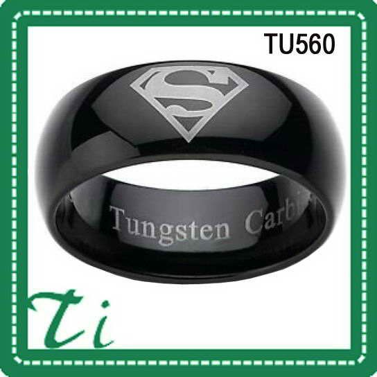 Polished Dome Black Tungsten Ring Laser Engraved With Superman