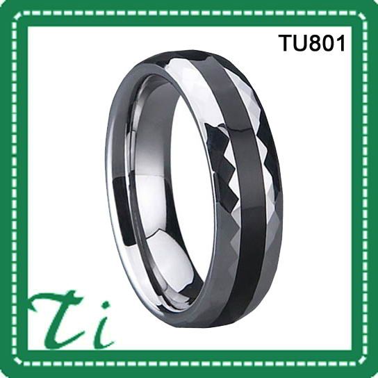 Comfort fit tungsten carbide rings with inlay and faceted