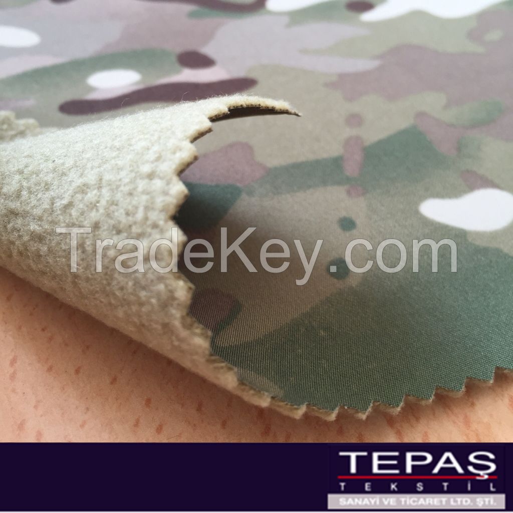 % 10 Elastan % 90 Polyester Back Side Polar Fleece Three Layers Membrane Camouflage Softshell Fabric