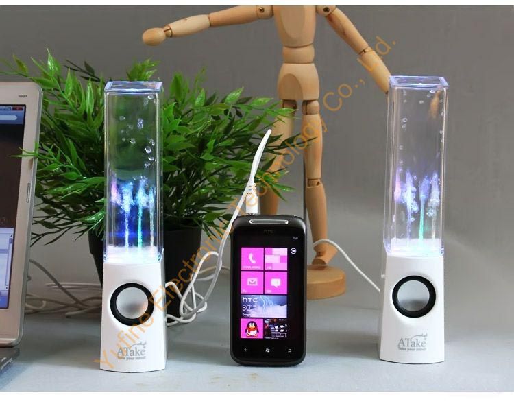 "Offer dancing water speaker, computer speaker, gift dance water speaker, fountain speaker, geyser speaker, Water spray speaker, strange new speaker "