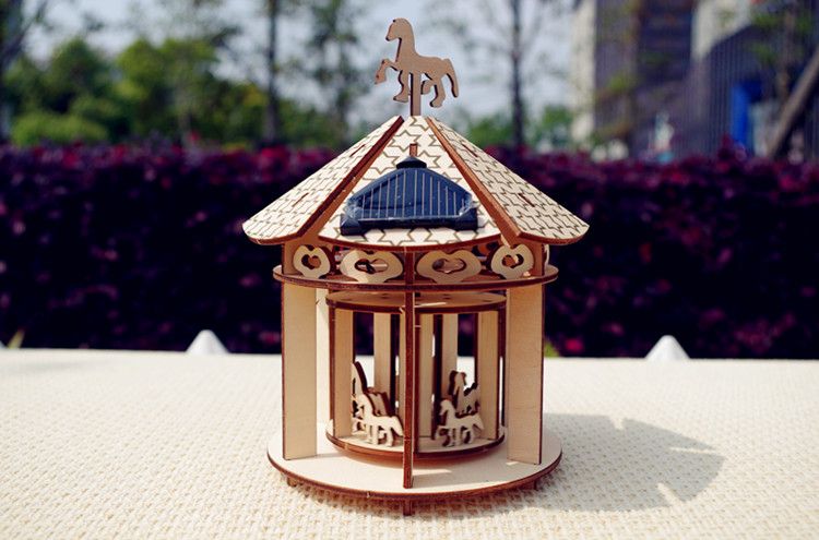 Solar DIY wood toy solar merry-go-round assembly model novel gift