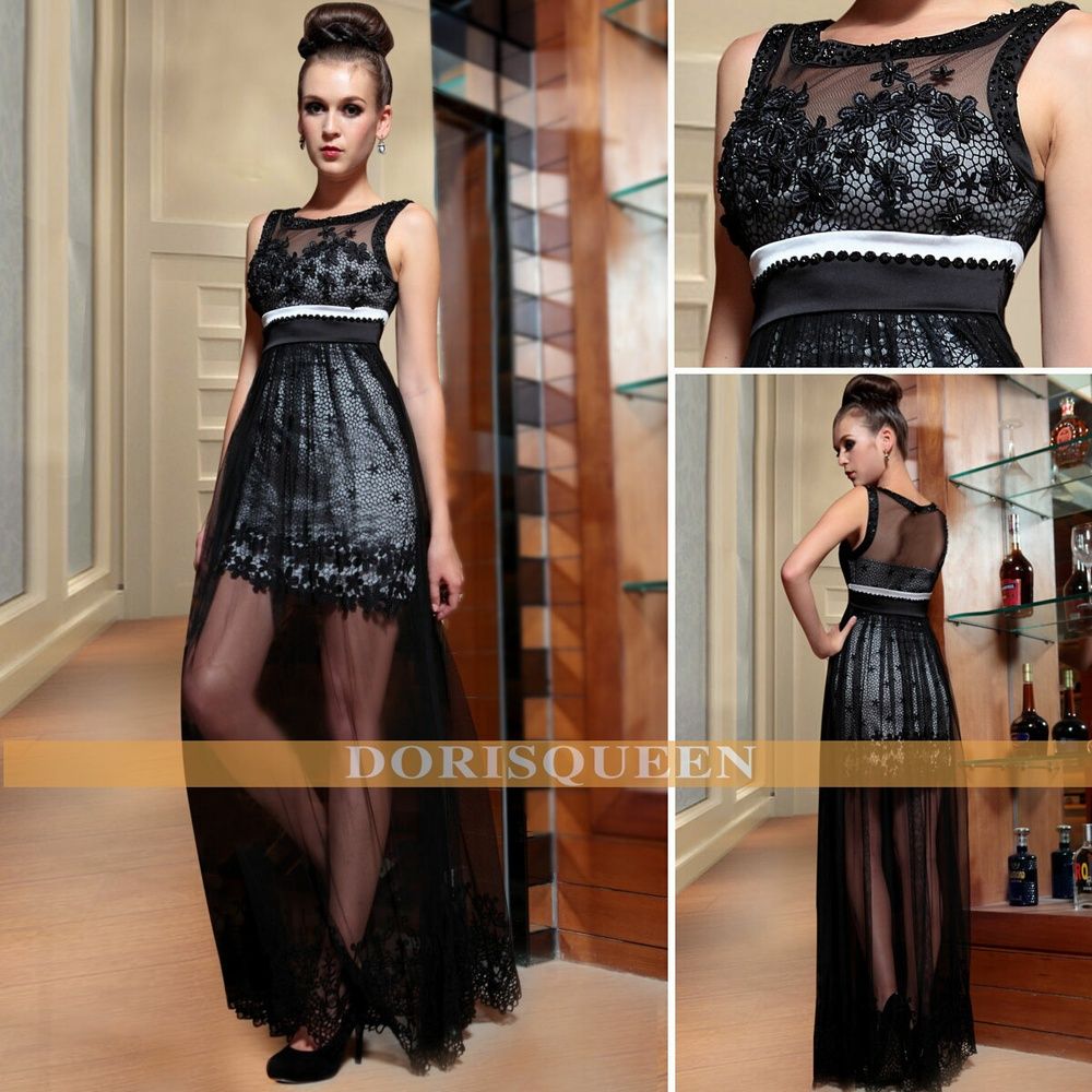 2013 New arrival hot sale sexy embroidery lace see through long black evening dress online 30827