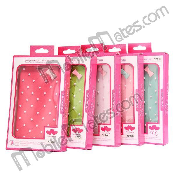 Cute Bow Pearls Rhinestone Diamond Flip Side Leather Case Protective cover for Samsung Galaxy Note 2 N7100