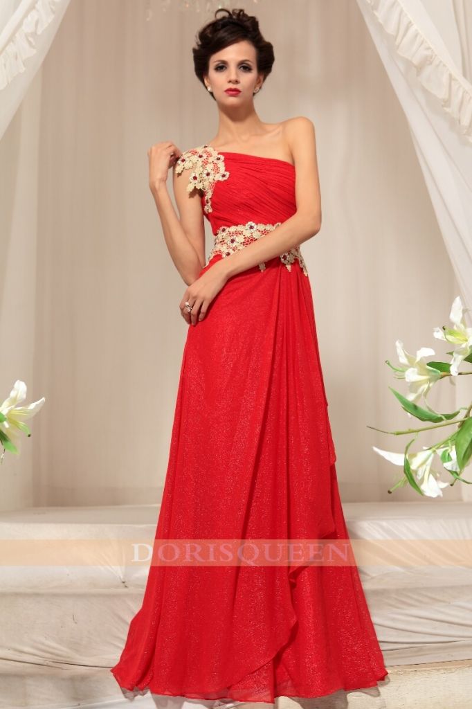 DORISQUEEN applique one shoulder red rhinestone waist evening gowns 2013 30766
