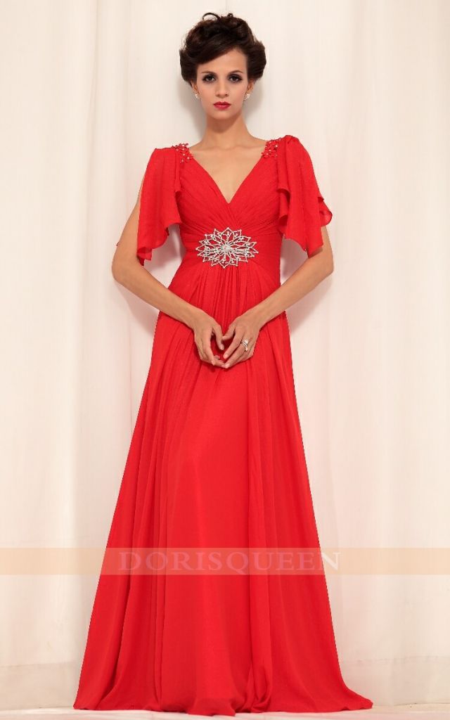 DORISQUEEN red one shoulder evening dresses with cap sleeves +applique dresses  