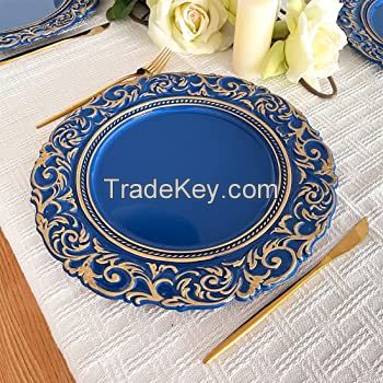 Antique Royal Blue Charger Plate, 13" Embossed Plastic Table Plate Chargers for