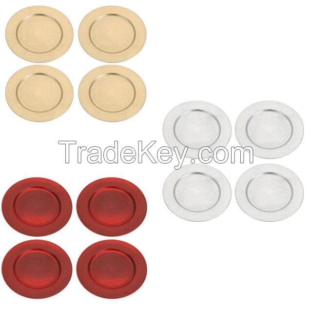 Set of 4 Silver Round Charger Plates 33cm Crackle Design Premium Range