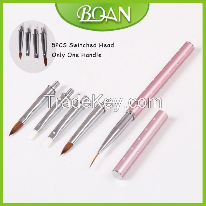 BQAN One Pink Metal Handle + 5PCS Hair Head Professional Design Art Nail Brush Kolinsky