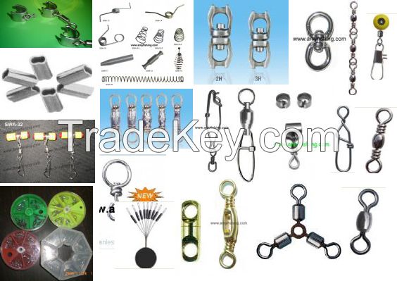 fishing swivel, , rolling swivel, crane swivel, barrel swivel, snap, box swivel, float seat, 3-way swivel, sleeve, rings, split ring, welded ring, spring