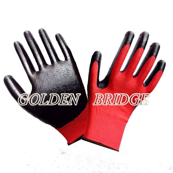 13 gauge red polyester liner coated black nitrile glove,safety glove