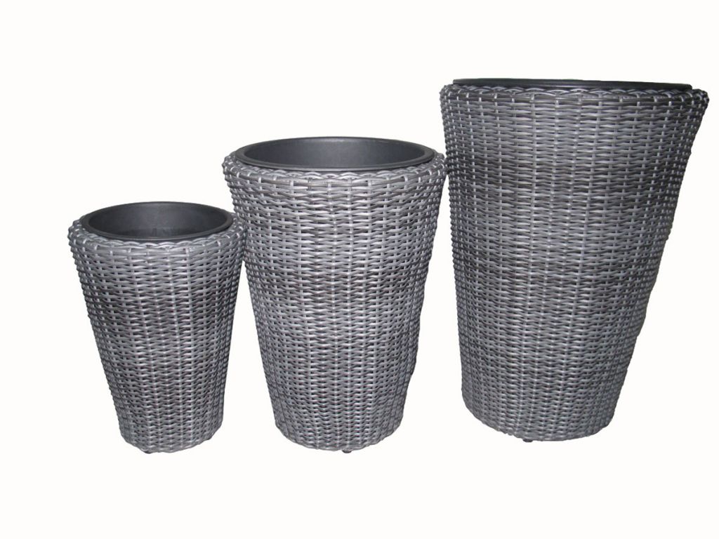 Round haft round rattan plastics pots, set of 3, with black plastic pots inside, Gray color
