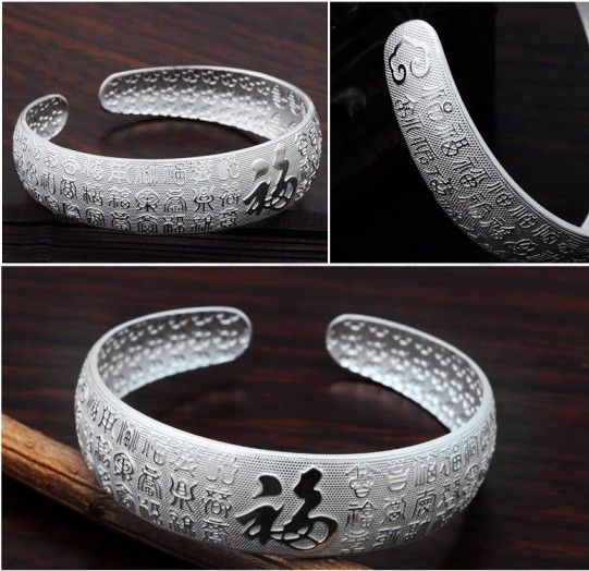 S999 Silver Bangle Bracelets with Good Fortune 