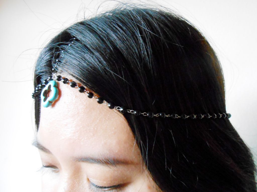 Hair Chain Accessory, Black Onyx with Turquoise Beads, Head Chain, Head Piece, Hair Jewelry. JH1005