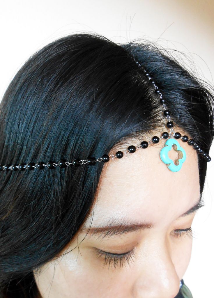 Hair Chain Accessory, Black Onyx with Turquoise Beads, Head Chain, Head Piece, Hair Jewelry. JH1005