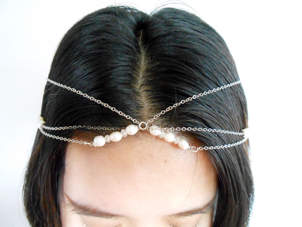 Hair Chain Accessory, Silver Chains with Pearls and Crystal Beads, Head Chain, Hair Jewelry. JH1007