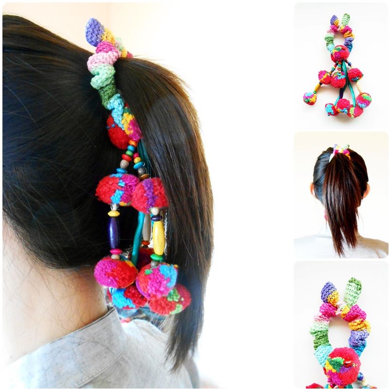 Colorful Ethnic Ponytail Tribal hair Accessory, Pom poms - Thailand Handmade. JH1001