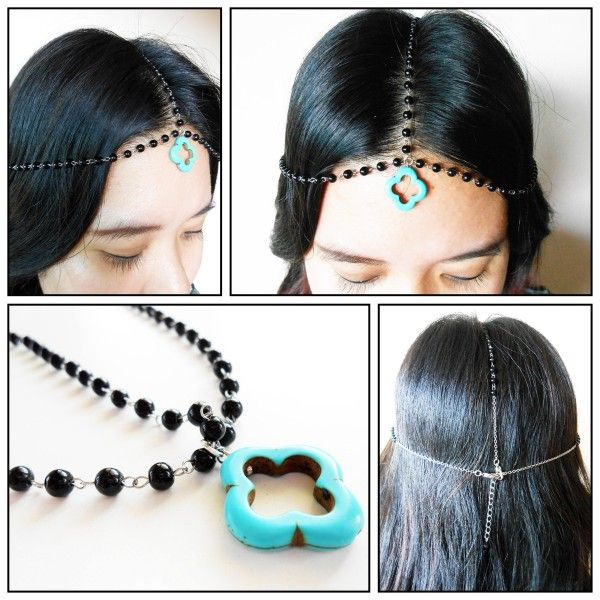 Hair Chain Accessory, Black Onyx with Turquoise Beads, Head Chain, Head Piece, Hair Jewelry. JH1005