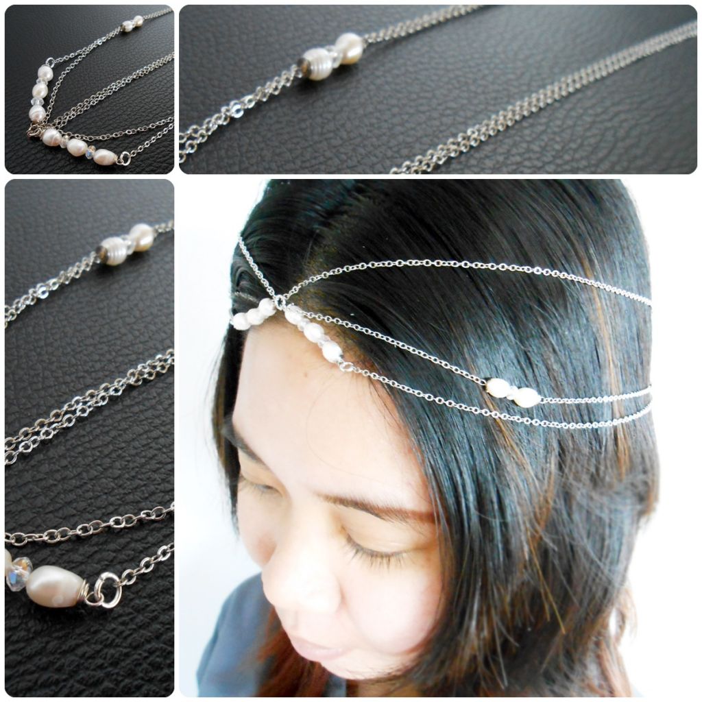 Hair Chain Accessory, Silver Chains with Pearls and Crystal Beads, Head Chain, Hair Jewelry. JH1007