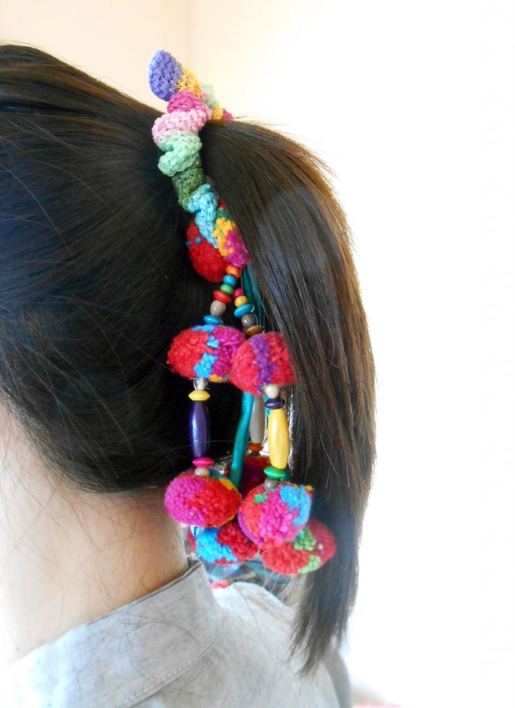 Colorful Ethnic Ponytail Tribal hair Accessory, Pom poms - Thailand Handmade. JH1001