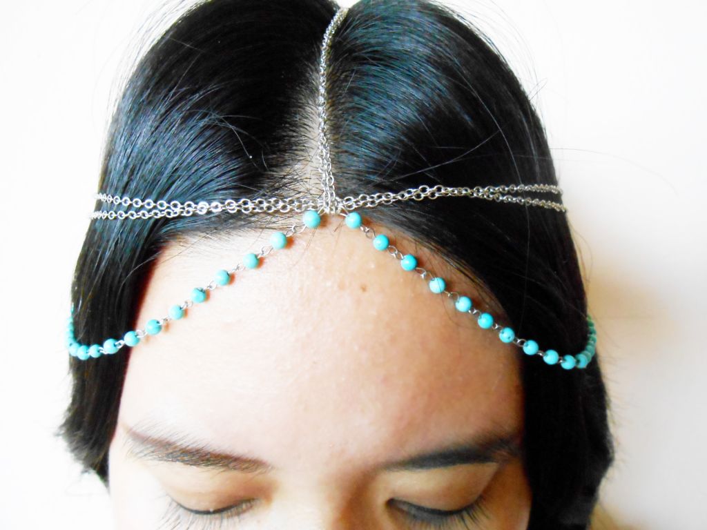 Hair Chain Accessory, Silver Chain with Turquoise Beads, Head Chain, Layered Hair Chain, Hair Jewelry. JH1006