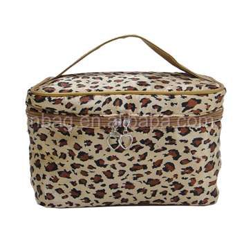 Lady's satin travel cosmetic bag with PU handle