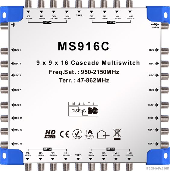9*9*16 cascade satellite multiswitch with DiSEqC 2.0 and tone brust