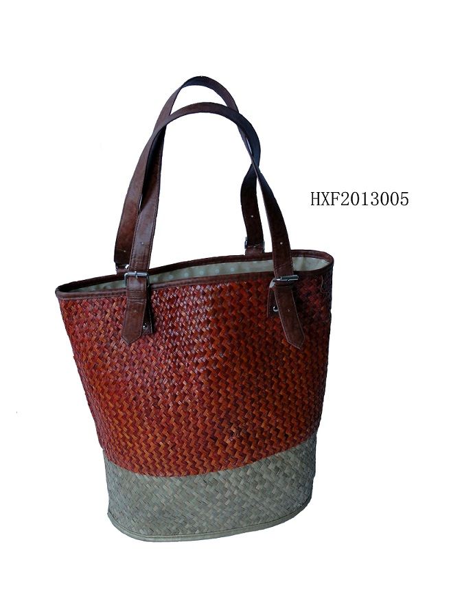 Fashion PU handle seagrass  bag