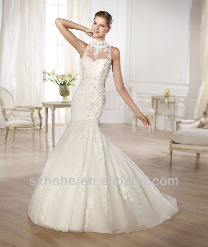 CW972 Retro elegant high neck applique lace mermaid wedding dress 2014