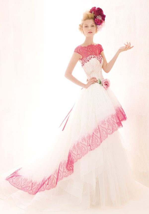 CY1511 Fabulous A line Cap sleeves Court train Lace hot pink wedding dresses 2014