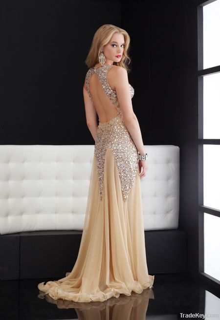 5High Quality Beading Tulle Sexy See Through Evening Dress
