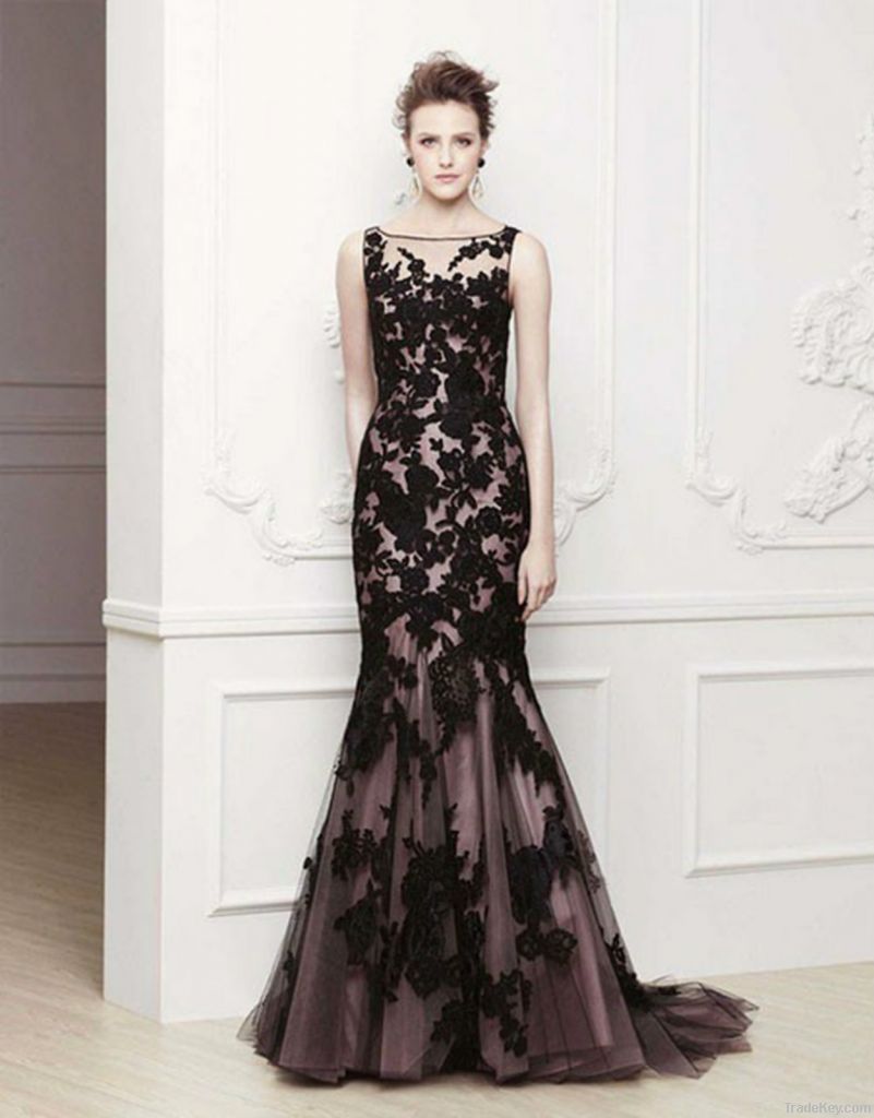 2013Long Cheap Black Lace Applique Formal See Through Evening Dress uk