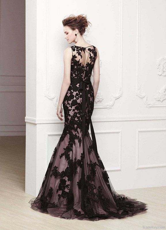 2013Long Cheap Black Lace Applique Formal See Through Evening Dress uk